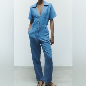 NWT ZARA COTTON LINEN BLEND DENIM JUMPSUIT Sz S